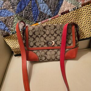 Coach Hampton Signature Flap Orange Leather Trim and Tan Crossbody Bag